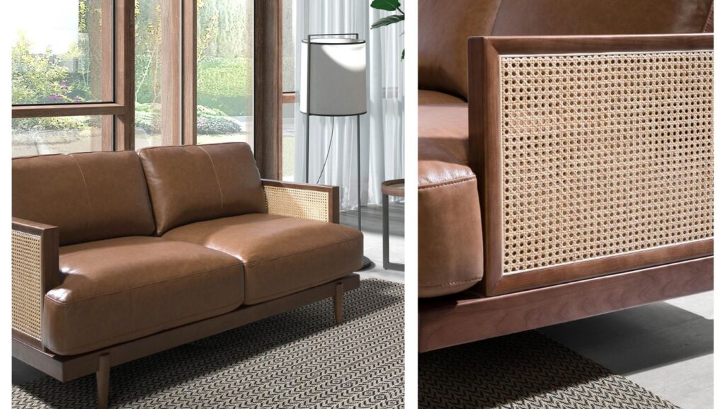 Sofá de piel marrón con detalle de rejilla